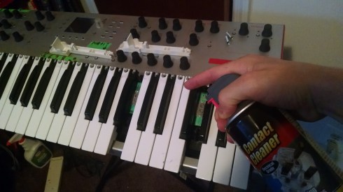 Finally removed the offending keys. We see the two membrane switches inside each. Each key hits one, then the other, and the key-scanner measures timing between these events to infer velocity (dynamics) of the consequent note. After a bit of contact cleaner and removing of gunk, I confirmed (with multi-meter) that each switch worked just fine.